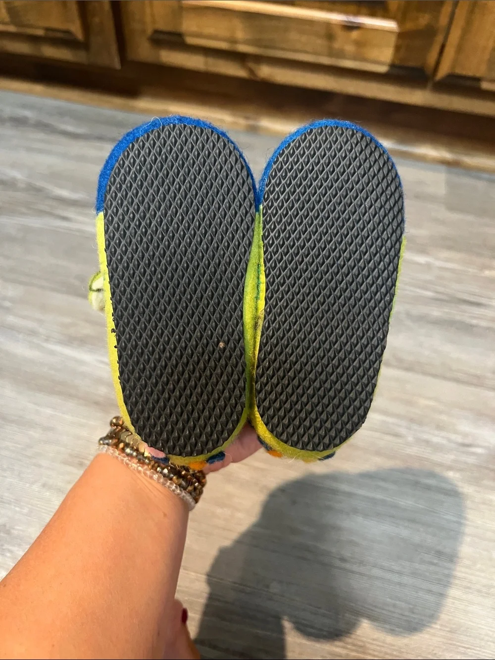Children's Felt Moccasin Slippers in Blue and Lime Green with Floral Embroidery